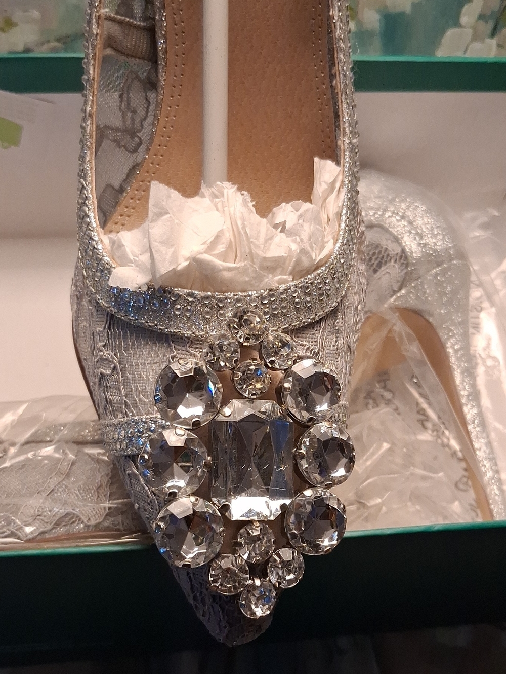 Lauren Lorraine Silver Glitter Lace Pointed-Toe Heels with Crystal Cluster - Picture 2 of 10
